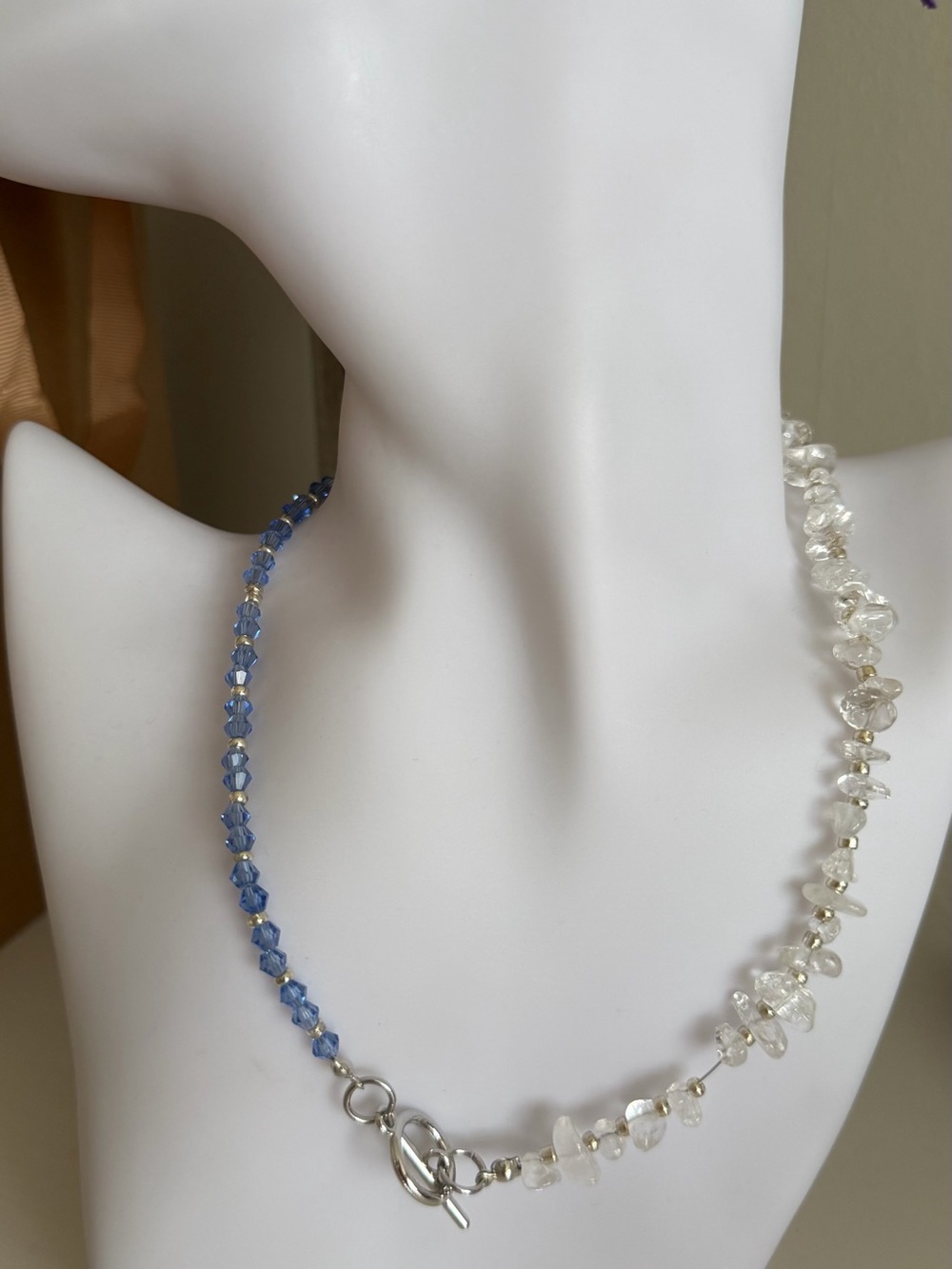 Handmade Half&half beaded choker necklace Blue glass crystals & clear Quartz chi